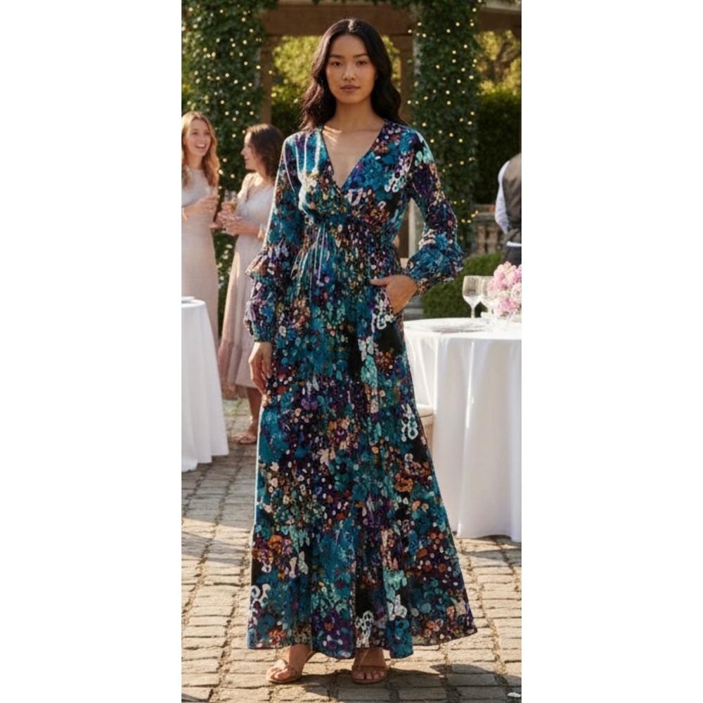 Melloday Maxi Dress XL Blue Bishop Sleeves Flowy Romantic